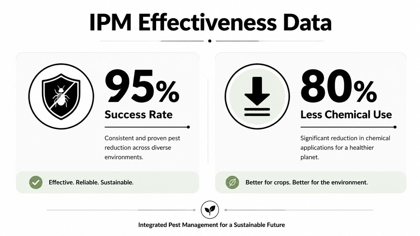 An infographic showing 95% pest control success rate and 80% less chemical use for sustainable farming.