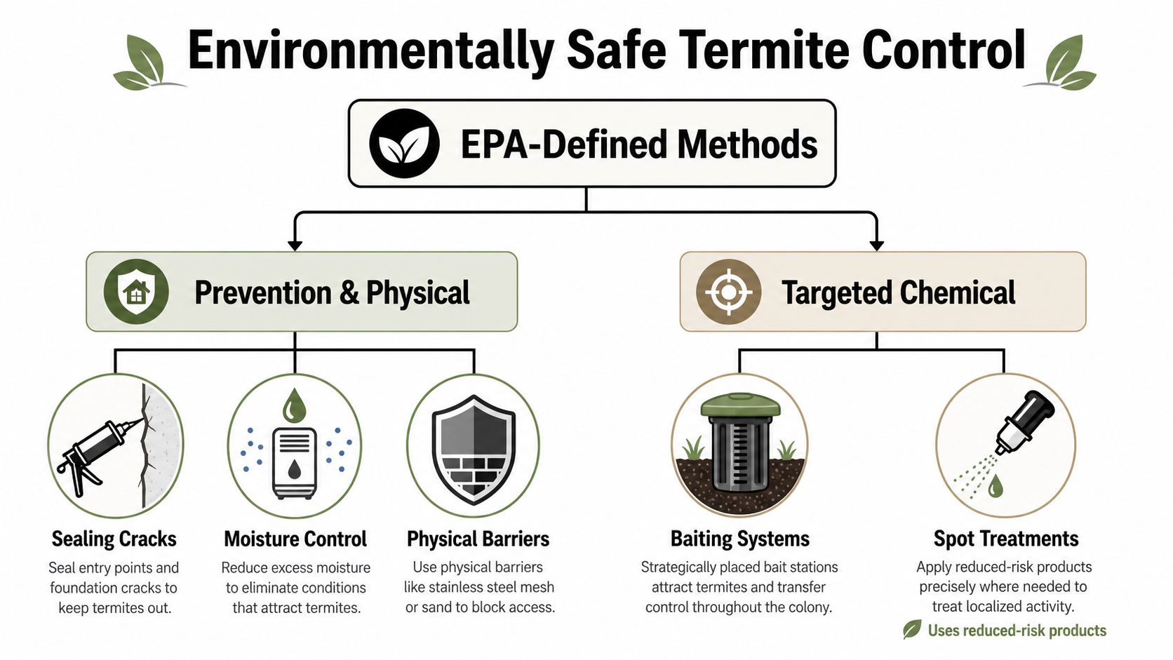 An infographic showing EPA-defined environmentally safe termite control methods, including prevention techniques and targeted chemical treatments.