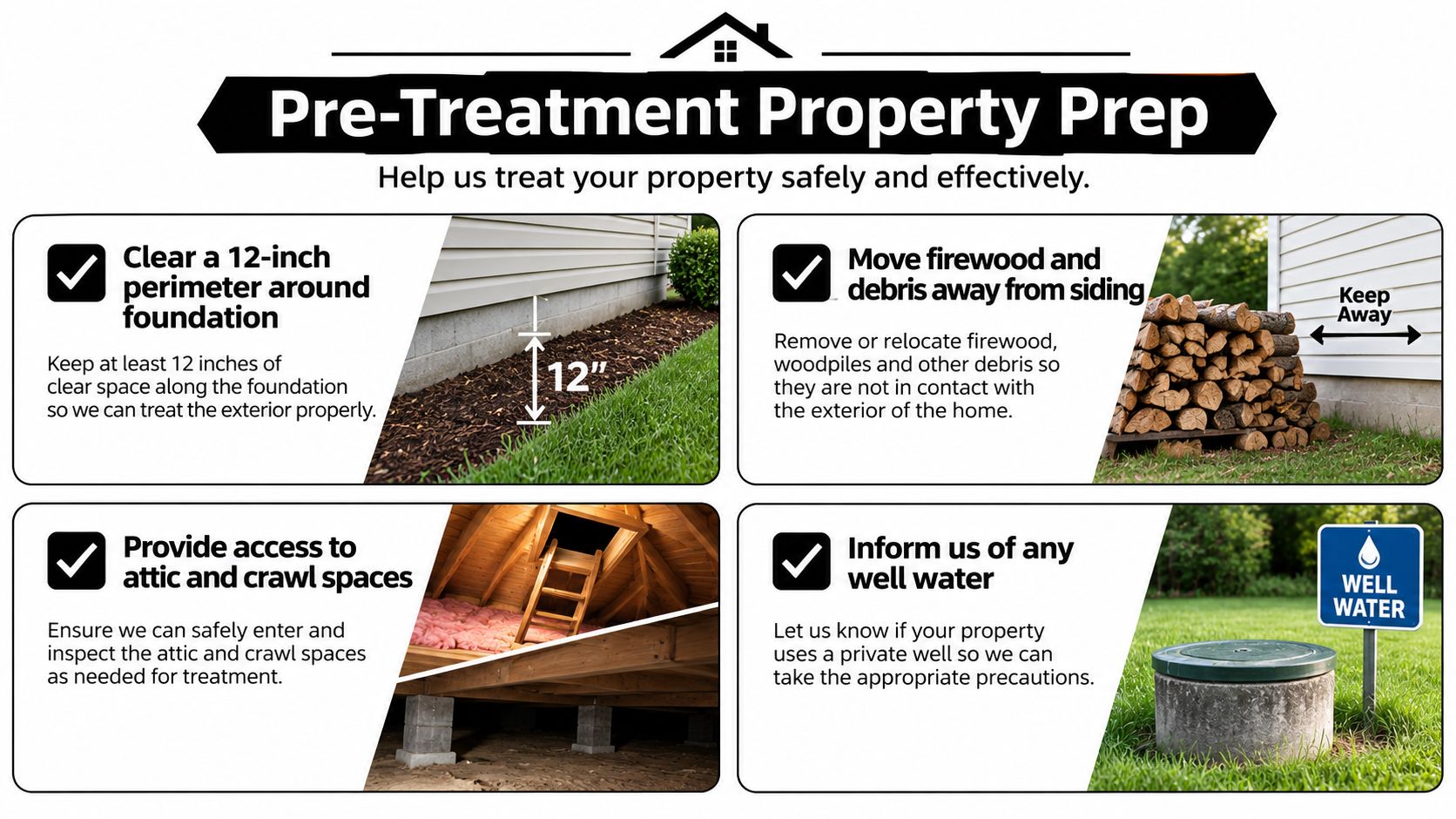 An infographic showing four steps to prepare a property for professional pest control treatment services.