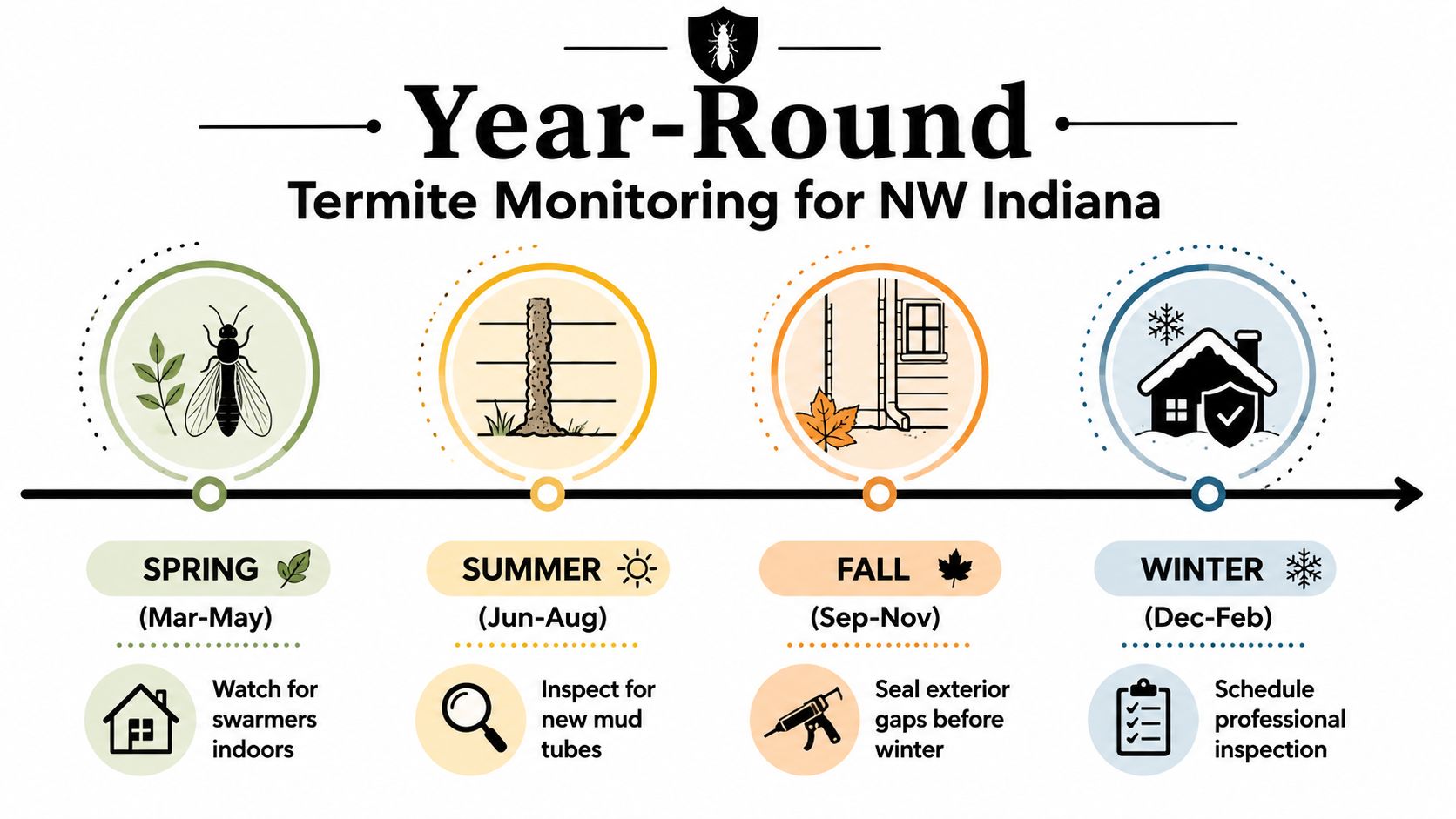 A year-round termite monitoring infographic for NW Indiana showing seasonal tasks for spring, summer, fall, and winter.