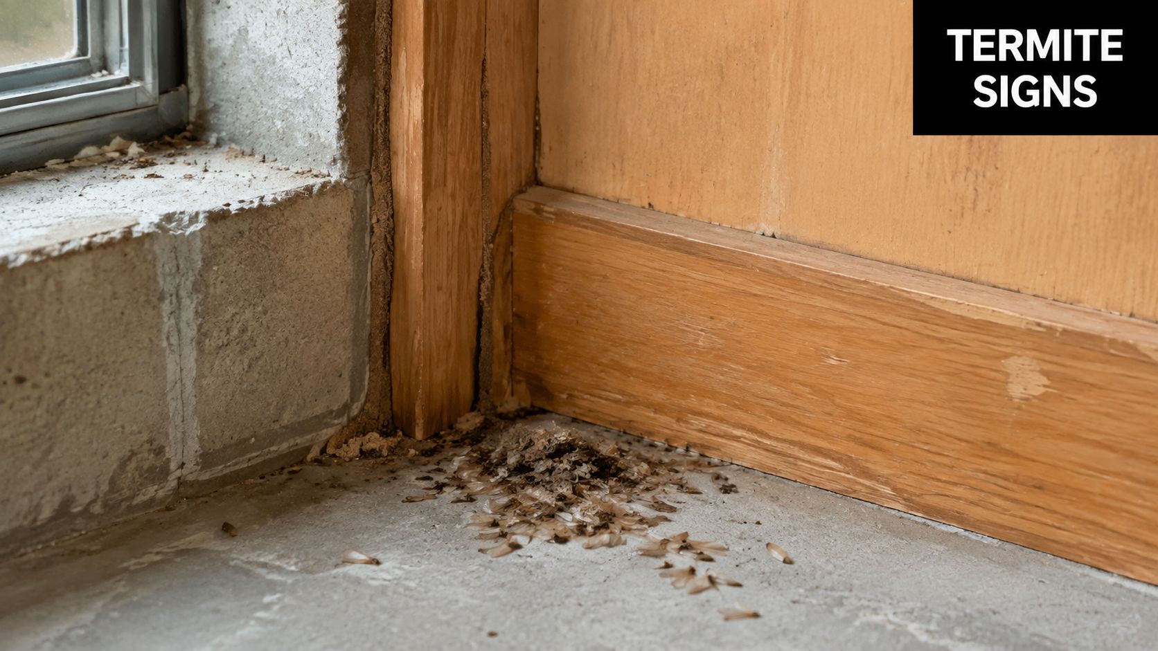 A close-up view of termite wings and mud tubes accumulated along a wooden baseboard and concrete wall.