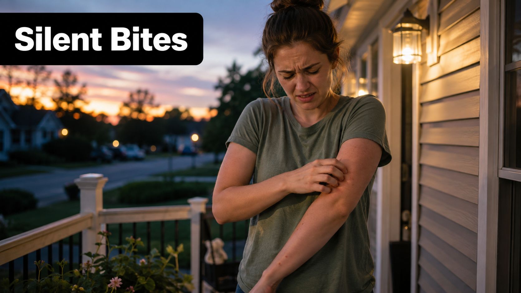 A woman stands on a porch at dusk, scratching her arm due to irritating insect bites.