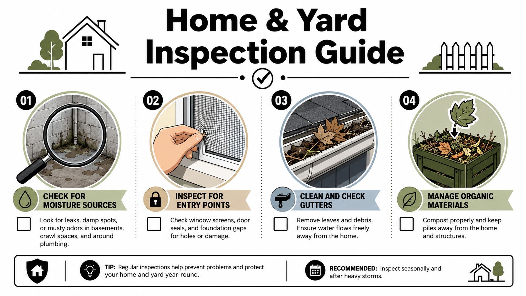A four-step inspection guide for home and yard maintenance to prevent pests and moisture damage.