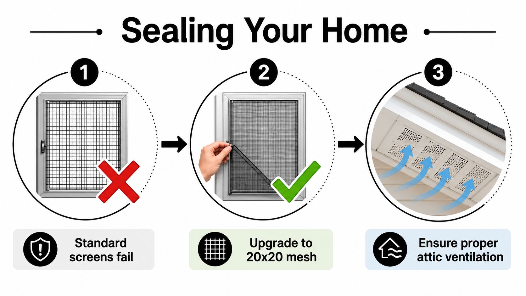 A three-step guide on sealing your home to keep pests out using fine mesh screens and ventilation.