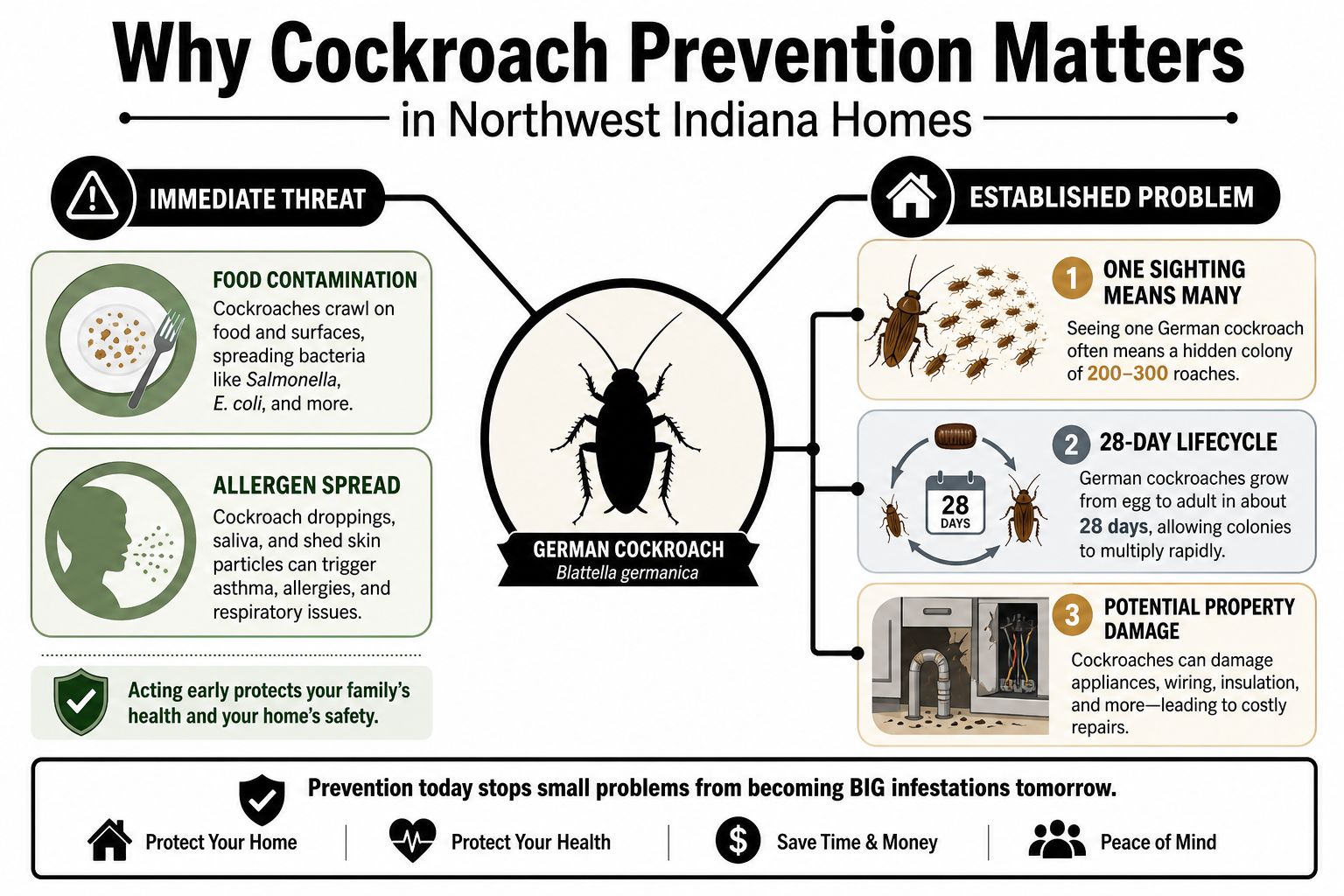 An infographic detailing the health and property risks associated with German cockroach infestations in Indiana homes.