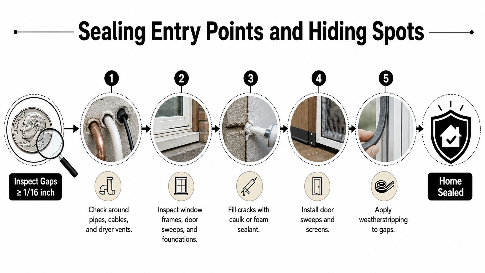 A five-step guide on how to seal entry points and hiding spots in a home to prevent pests.