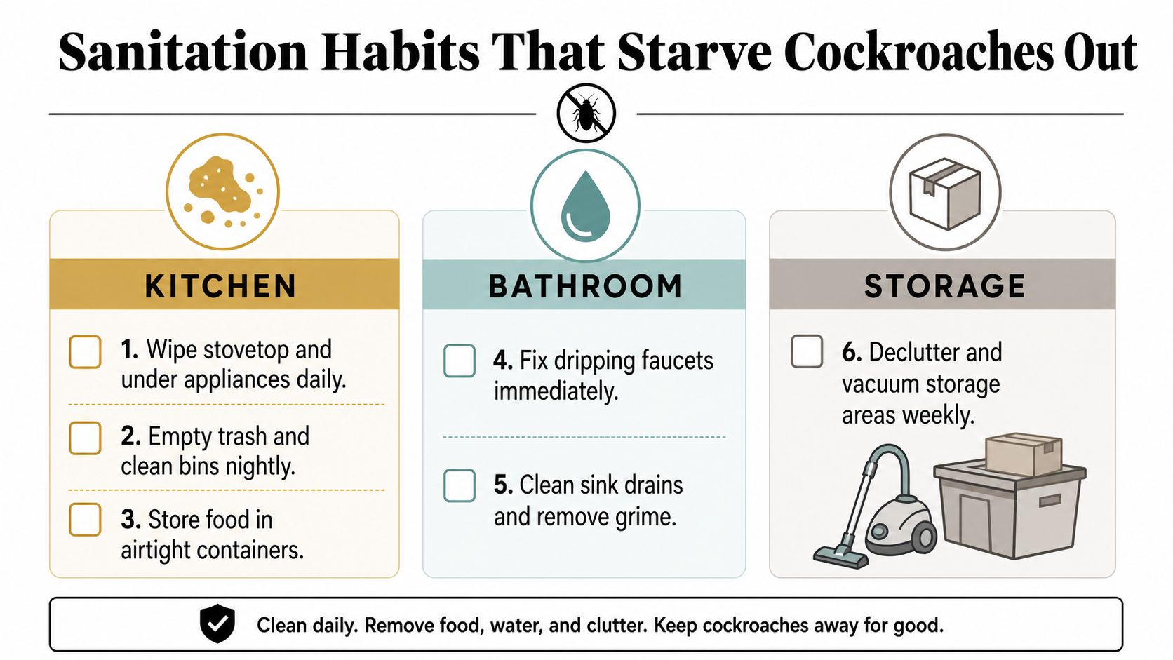 A helpful infographic showing six sanitation habits to prevent cockroaches in kitchen, bathroom, and storage areas.