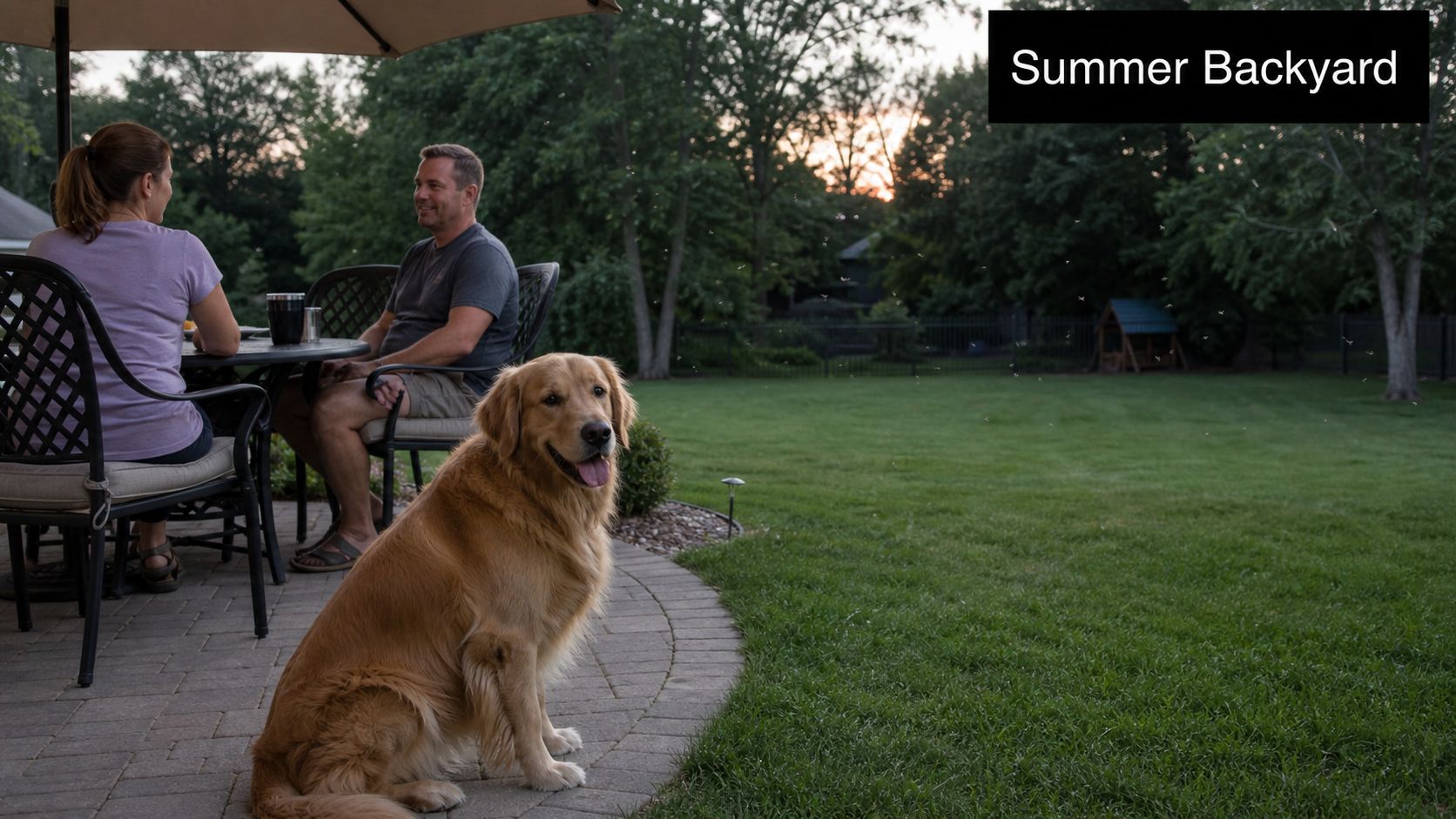 A couple dining on a patio with their golden retriever as mosquitoes swarm in the summer backyard.