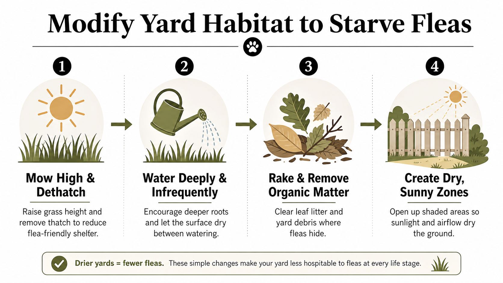 An infographic showing four steps to modify your yard habitat to naturally starve and control fleas.