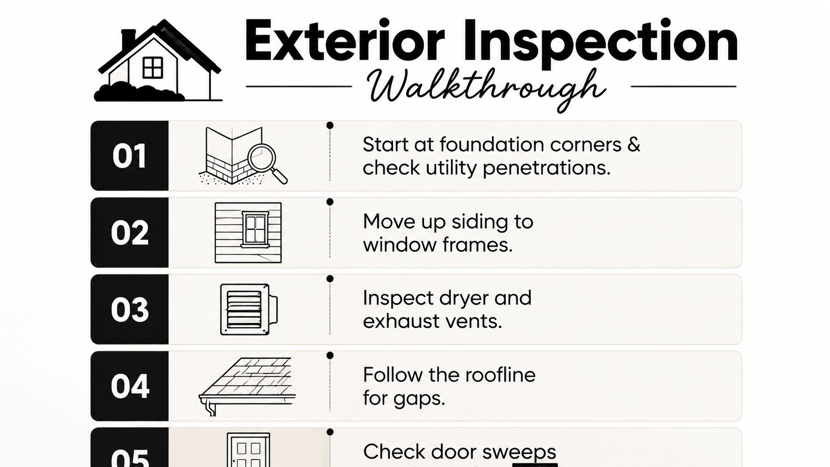 A checklist infographic titled Exterior Inspection Walkthrough illustrating five steps for checking home areas for pest access.