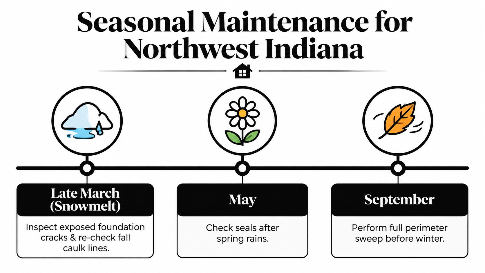 A seasonal home maintenance schedule for Northwest Indiana showing tasks for late March, May, and September.