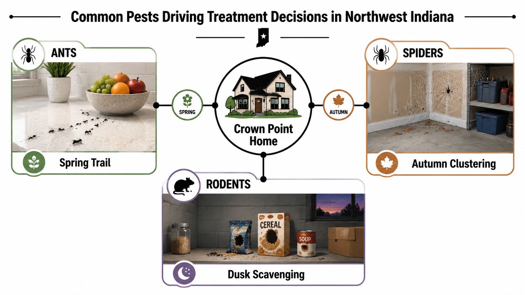 An infographic detailing common pests in Northwest Indiana including ants, spiders, and rodents with seasonal treatment triggers.