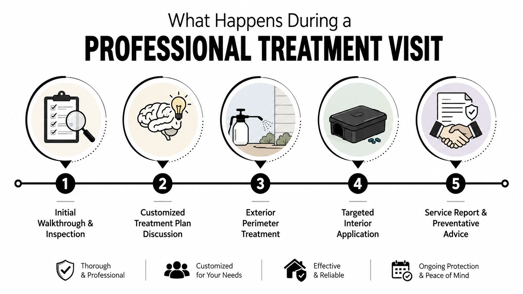 A five-step infographic showing the professional pest control treatment process from initial inspection to preventative advice.