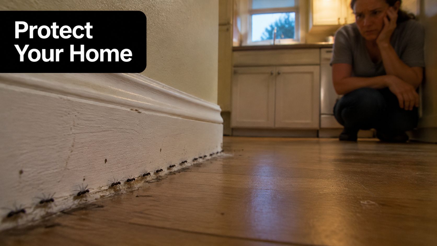 A concerned woman looks at a line of ants crawling along the baseboard of her home flooring.