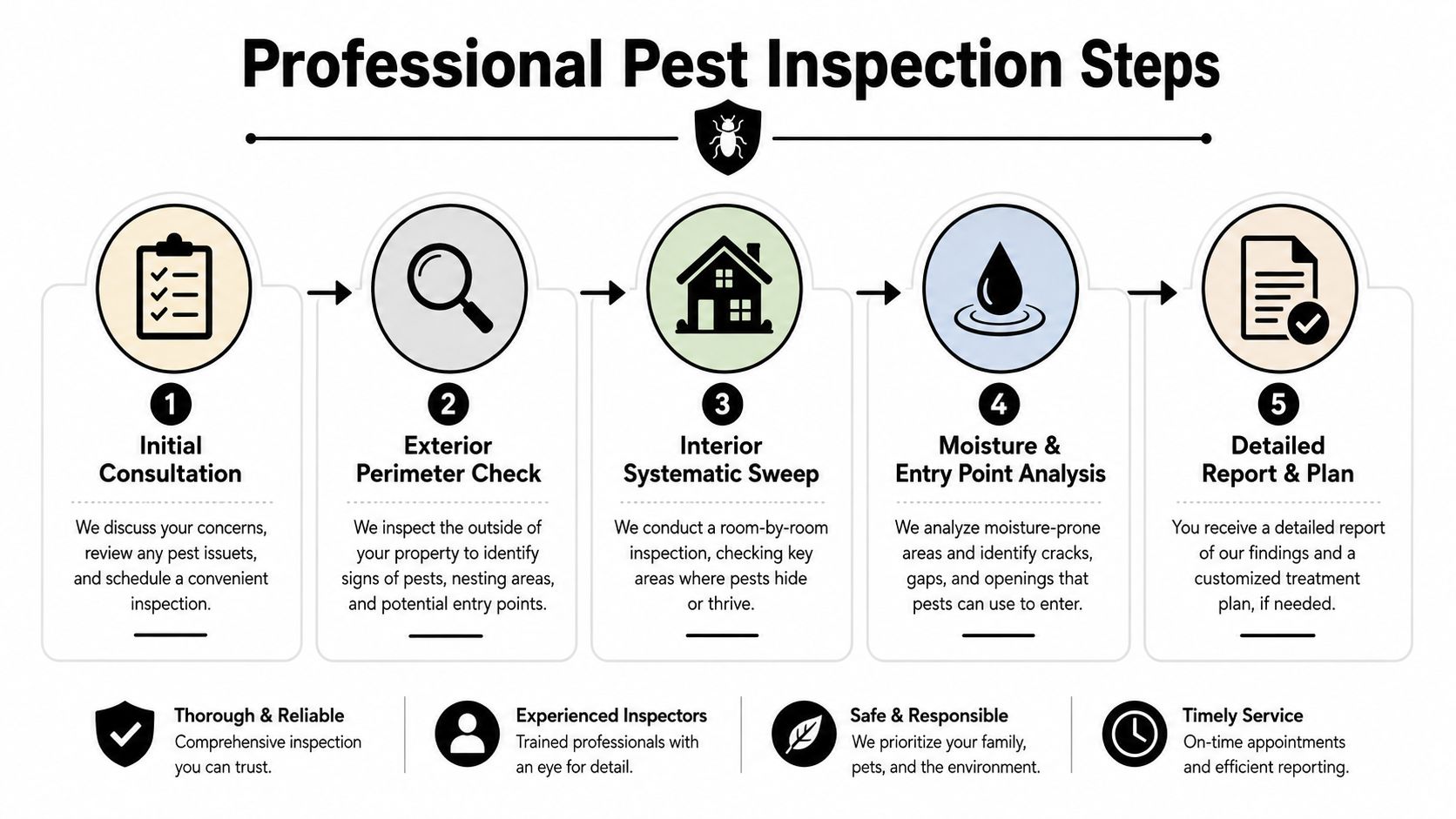 A five-step infographic showing the professional process for a residential pest control property inspection.