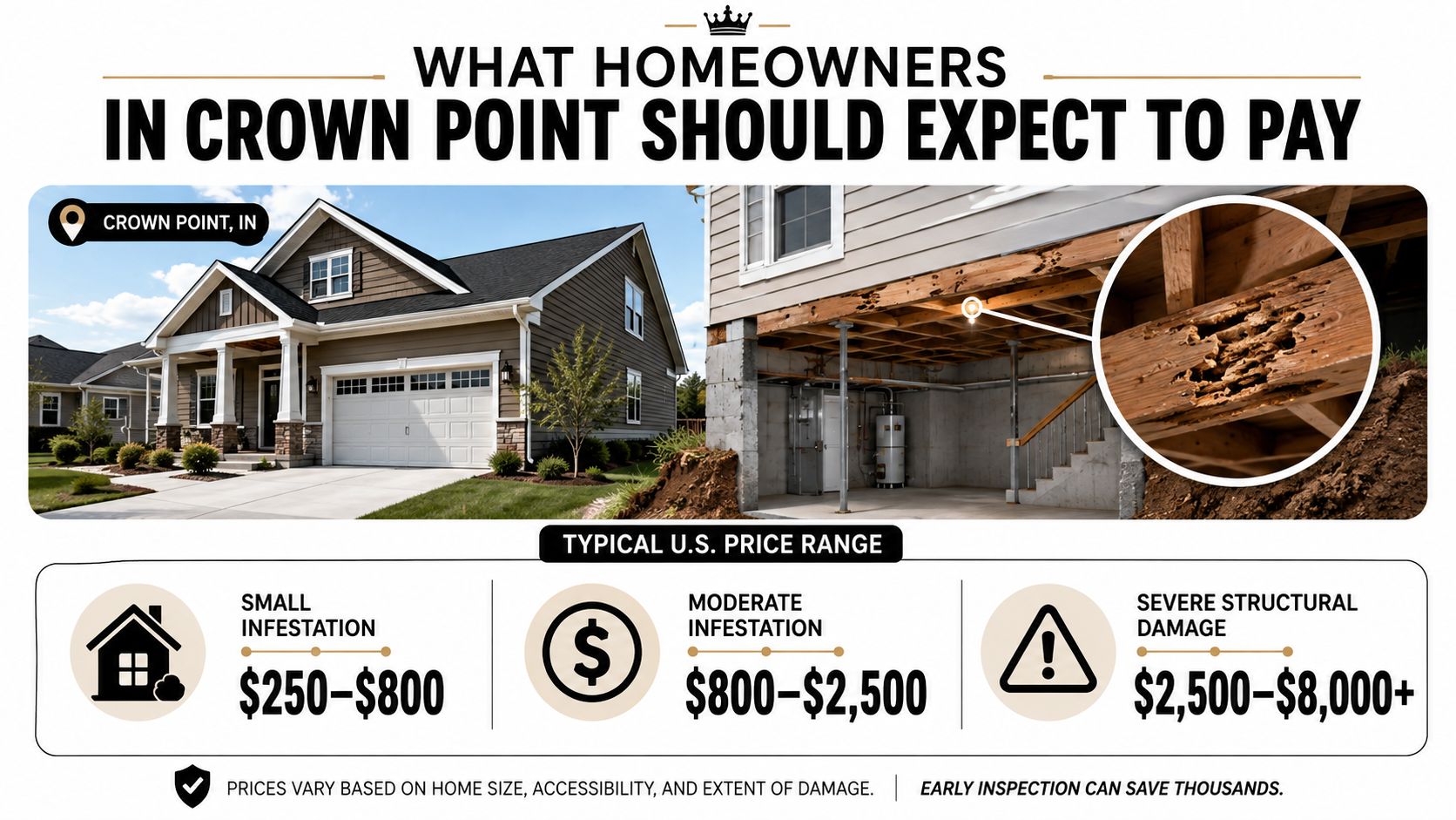 An infographic detailing the estimated termite treatment costs for homeowners in Crown Point, Indiana based on damage.