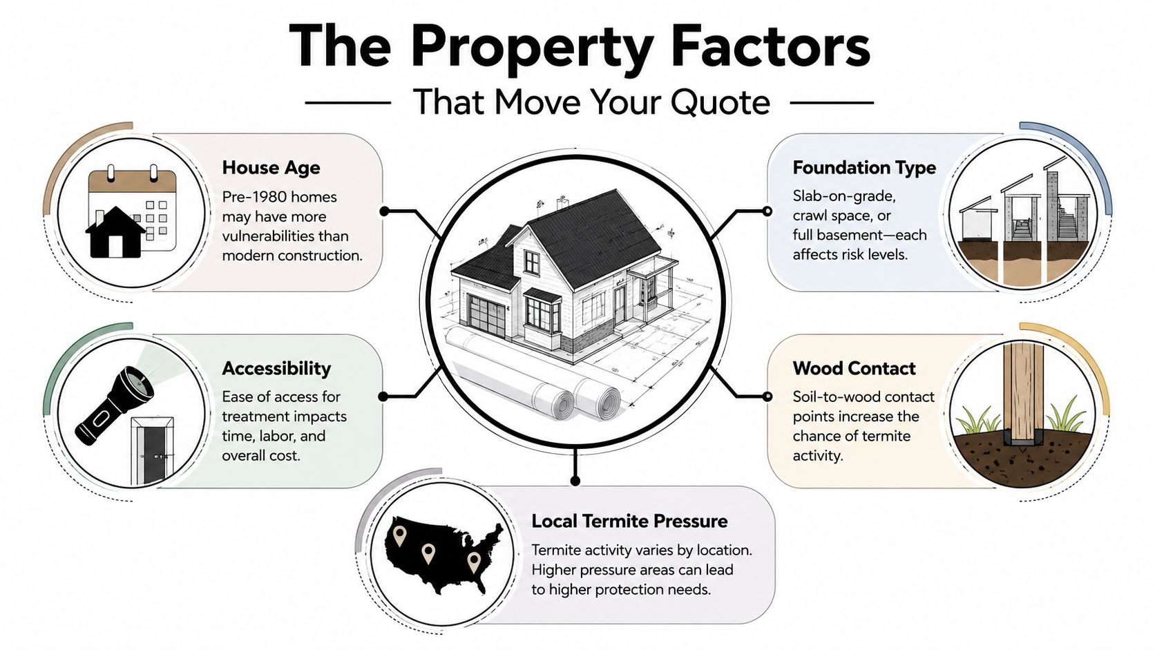 An infographic showing five key property factors that influence termite treatment cost quotes for homeowners.