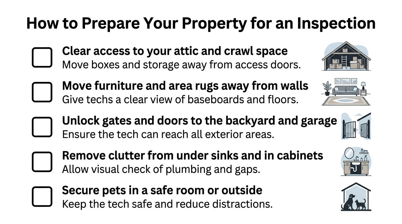 A checklist infographic titled How to Prepare Your Property for an Inspection with five preparation steps.