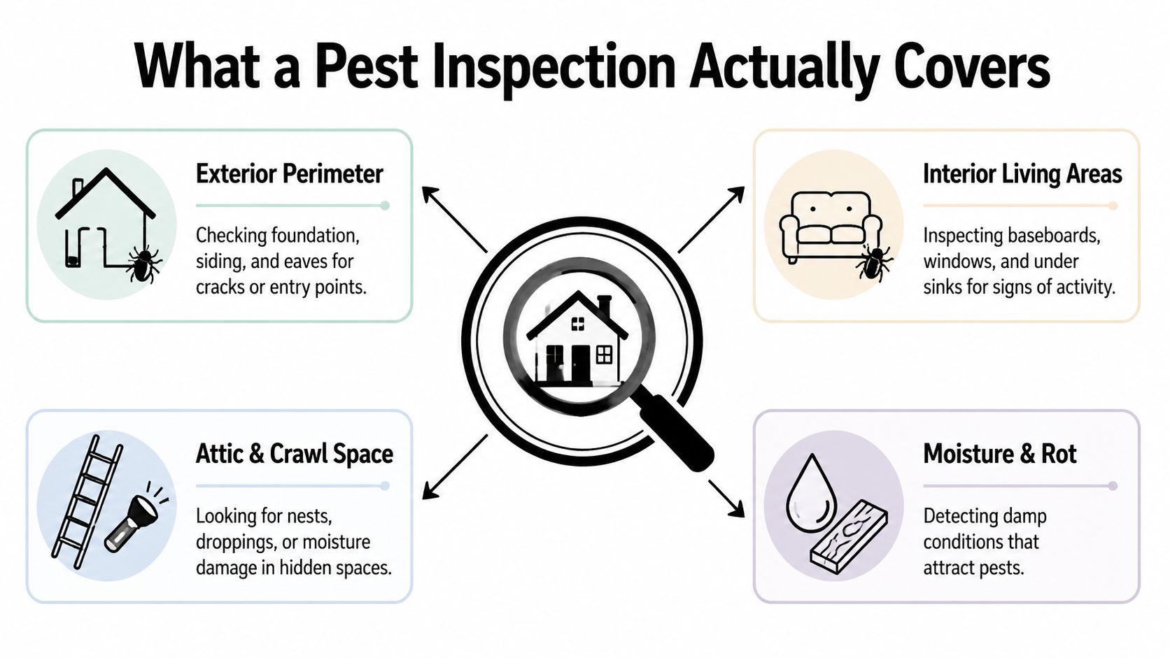 An infographic detailing the four key areas covered during a professional home pest inspection.