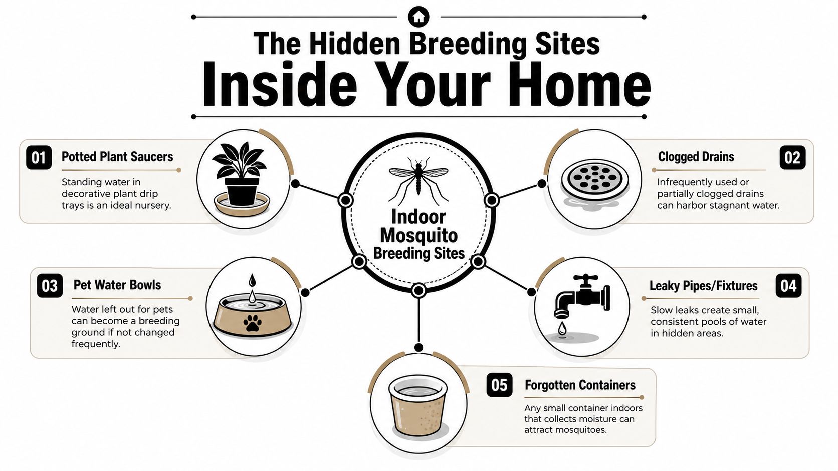 An infographic showing five common household areas that can serve as indoor mosquito breeding sites.