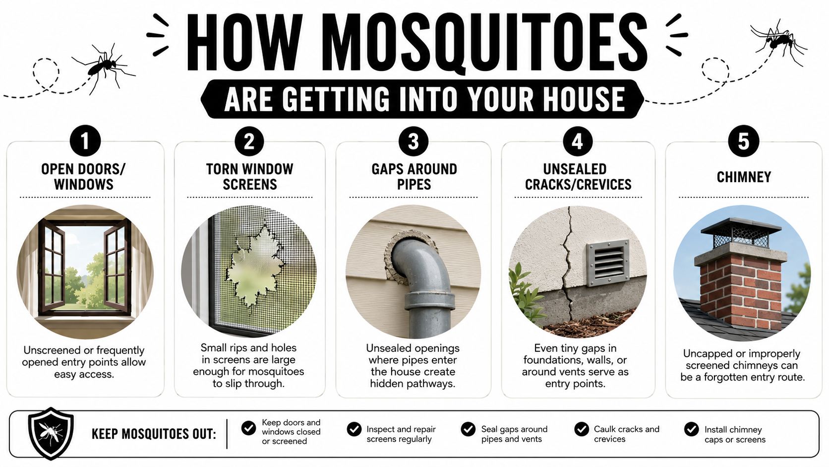 An infographic showing five common ways mosquitoes enter a home, including open windows, torn screens, and cracks.