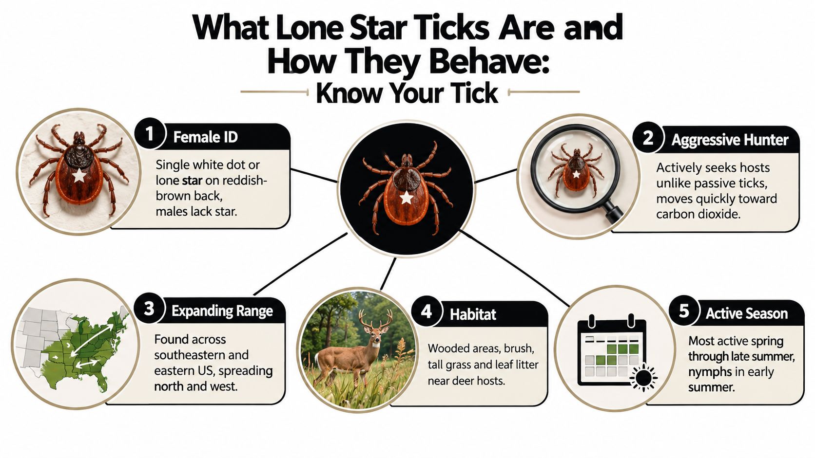 An infographic detailing the identification, behavior, habitat, and active season of the lone star tick species.