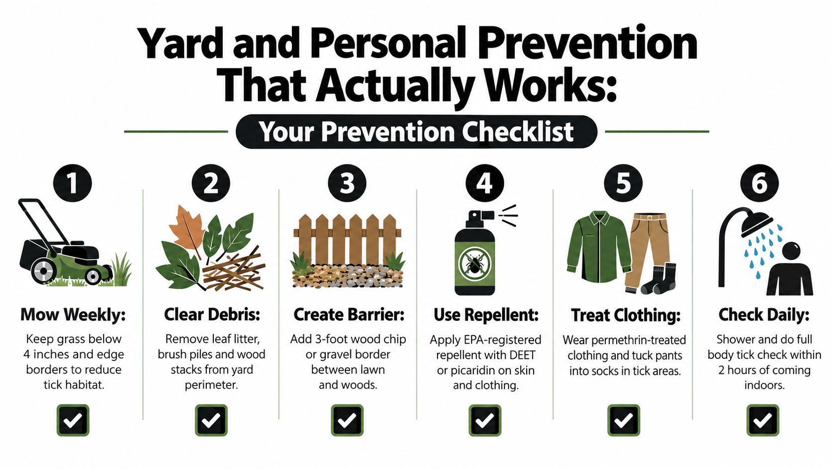 An infographic checklist with six steps for preventing tick bites in the yard and on personal clothing.