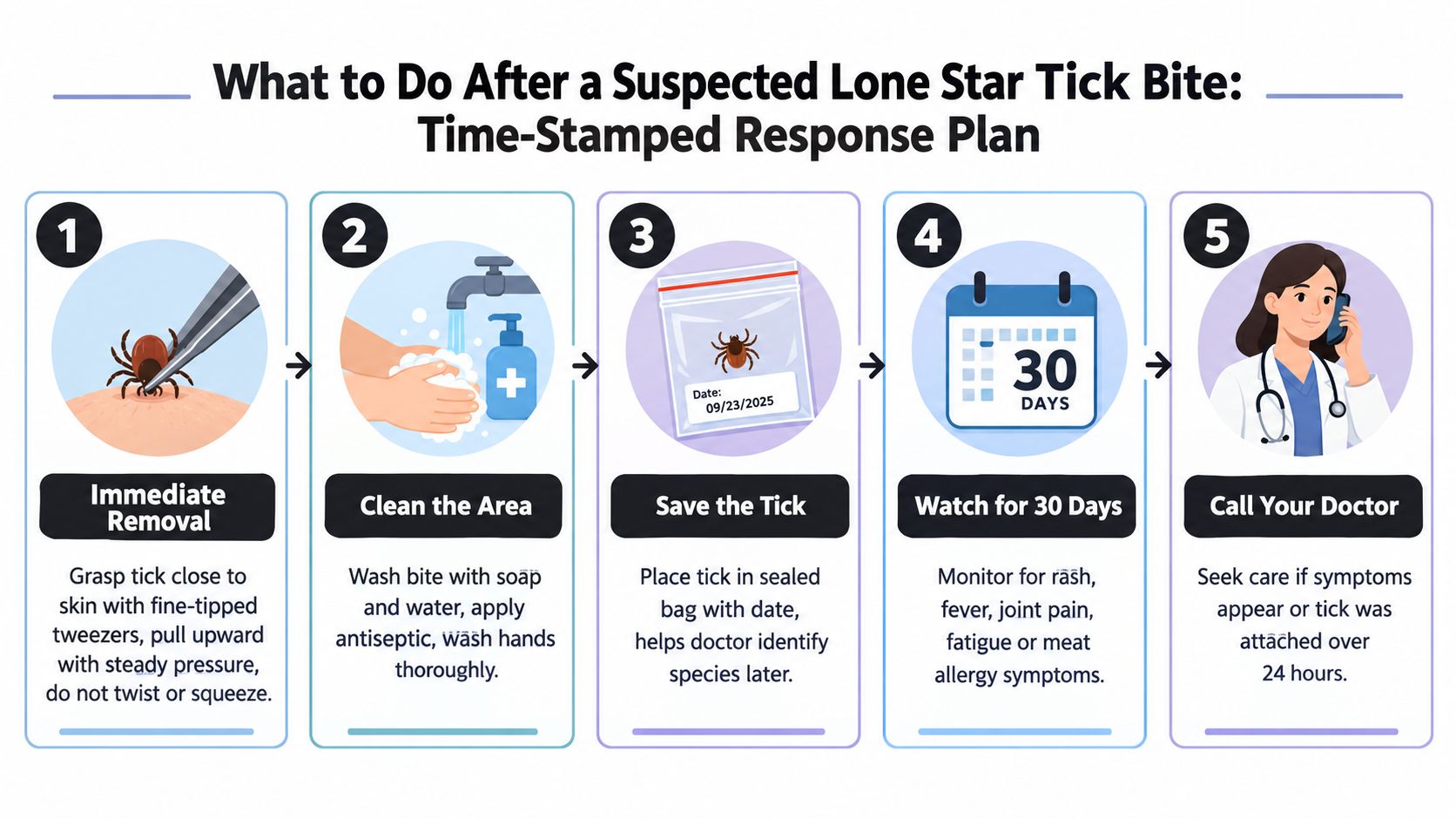 A five-step infographic showing how to safely remove, clean, and monitor after a Lone Star tick bite.