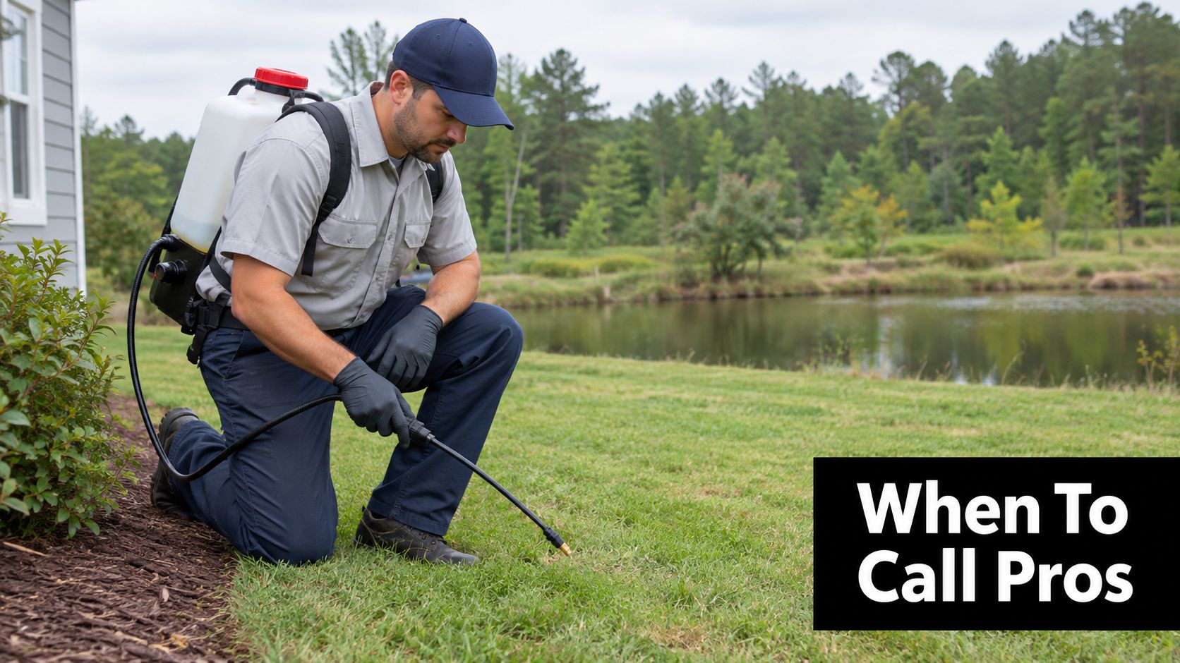 A professional pest control technician wearing a uniform and backpack sprayer treating the lawn near a home.