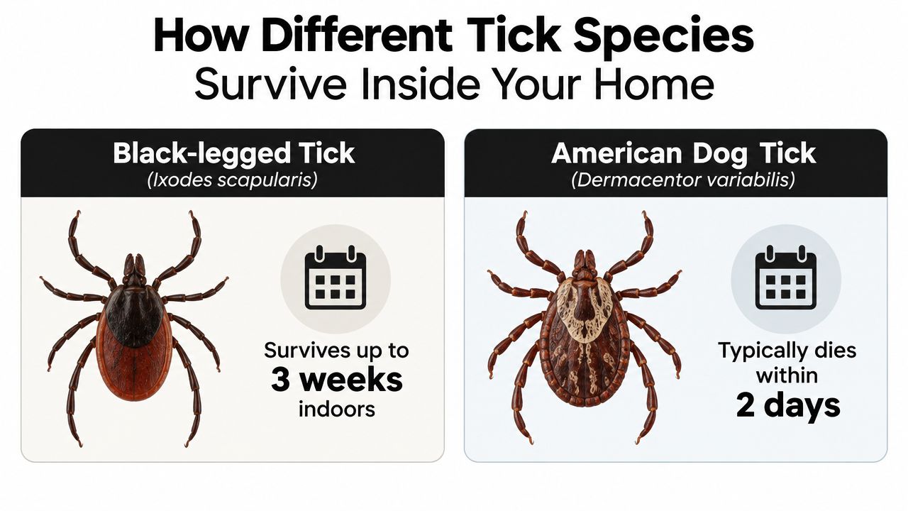 An infographic showing that Black-legged ticks survive up to 3 weeks indoors, while American Dog ticks die within 2 days.