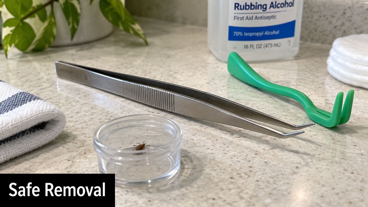 A tick is in a container with metal tweezers and a green tick removal tool on a counter.