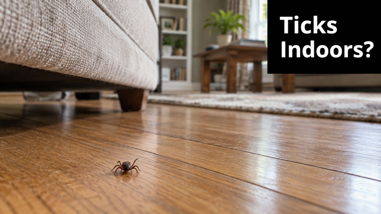 A brown tick crawling across a polished hardwood floor in a living room near a sofa.