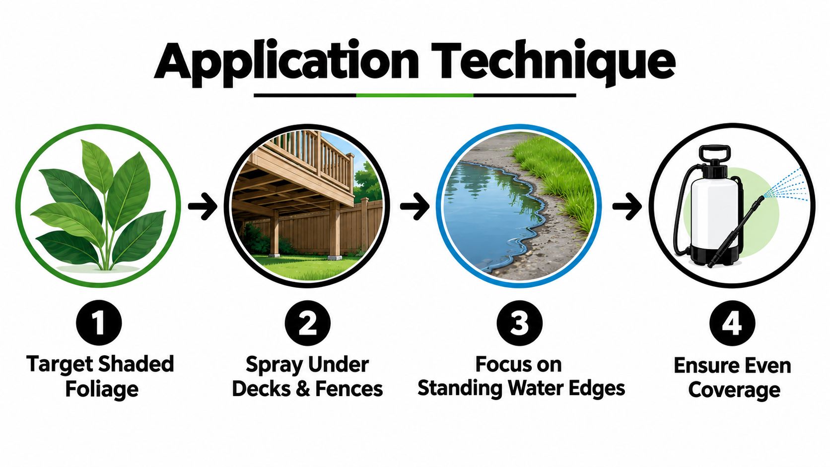 A four-step infographic showing how to spray for mosquitoes, targeting foliage, decks, water, and ensuring even coverage.