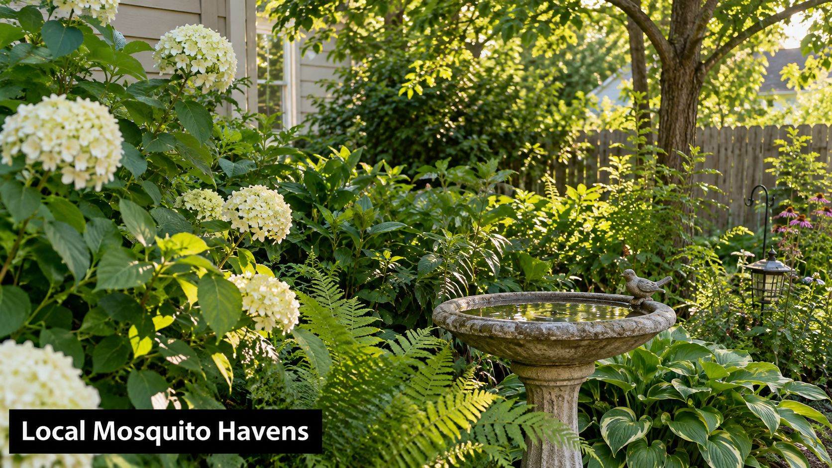 A stone birdbath sits in a lush garden, serving as a potential stagnant water source for mosquitoes.