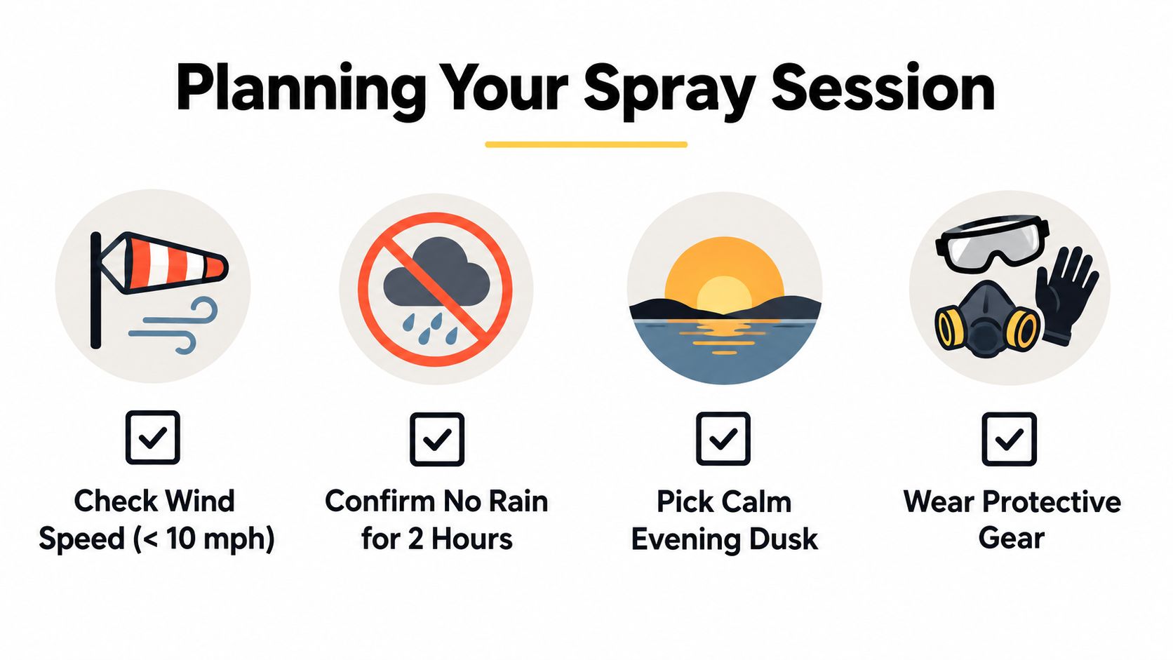 A checklist infographic titled Planning Your Spray Session providing tips for safe outdoor chemical application.