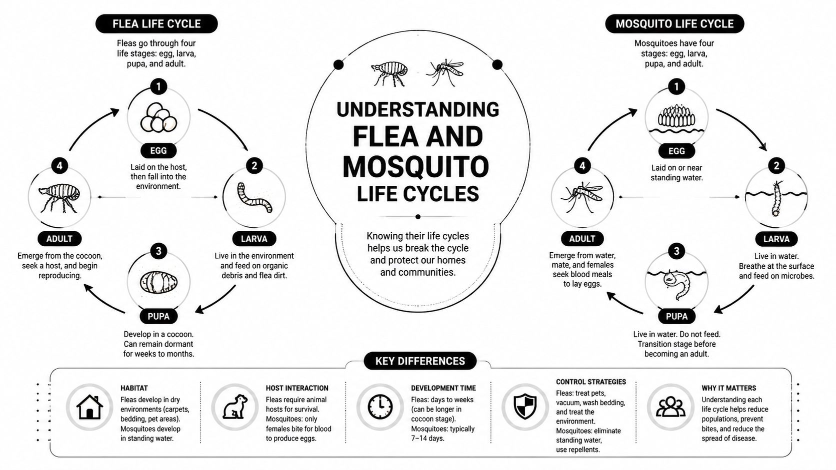 An infographic comparing the life cycles, habitats, and control strategies of fleas and mosquitoes for pest awareness.