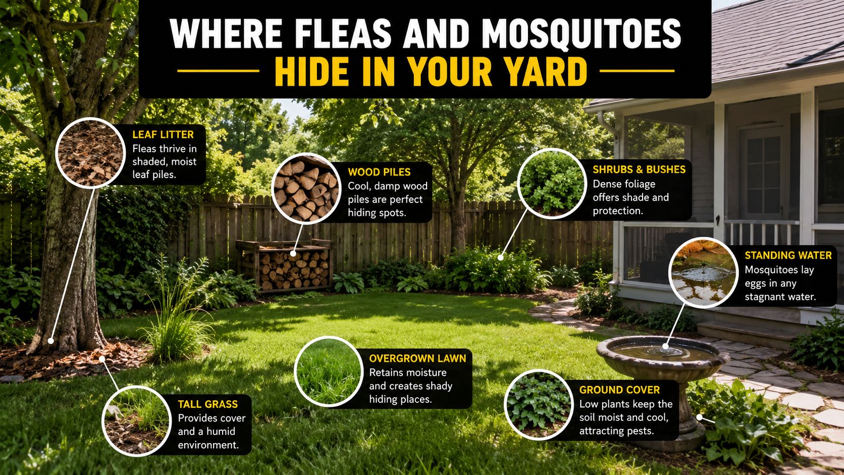 A diagram of a backyard showing common areas like wood piles and tall grass where fleas and mosquitoes hide.