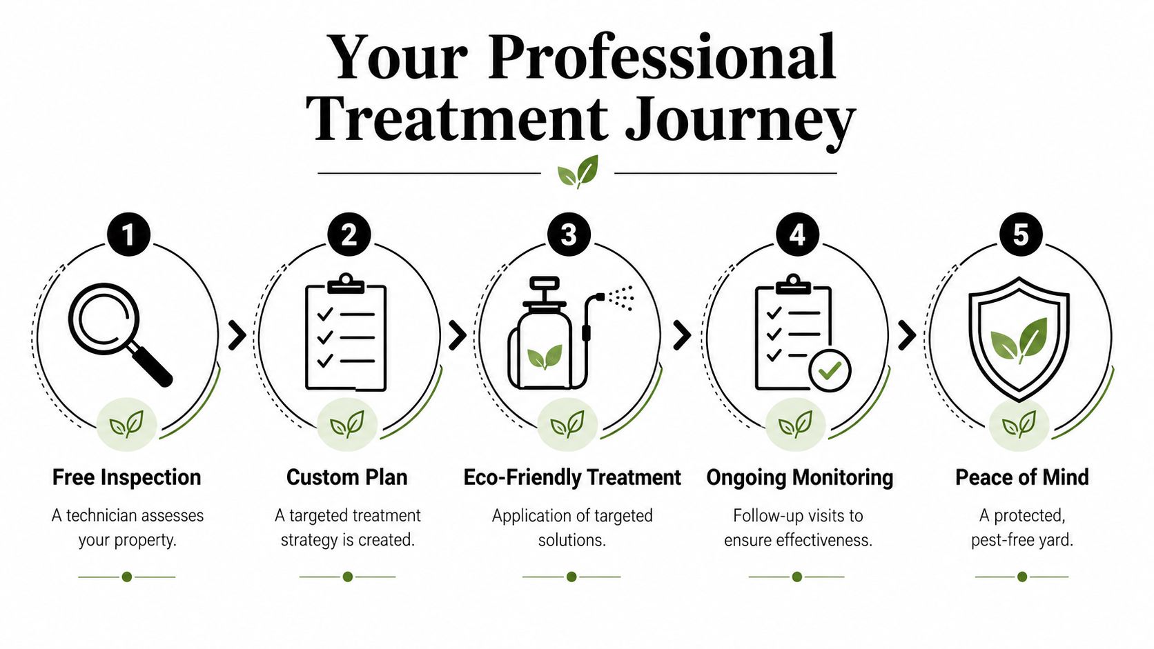 An infographic showing a five-step professional treatment journey for pest control, starting from inspection to peace of mind.