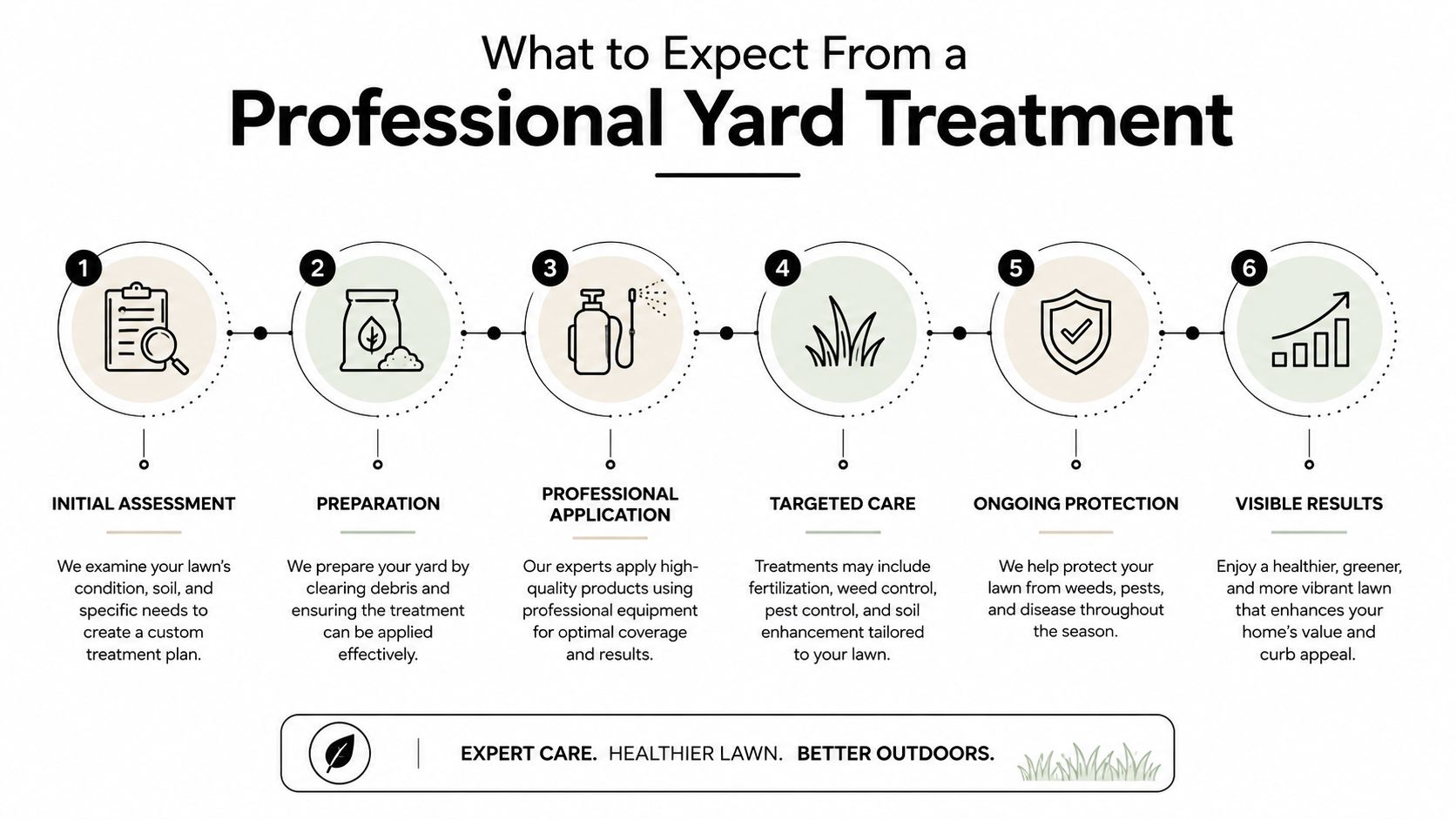 A six-step infographic detailing the professional process of yard treatment, from assessment to visible lawn results.