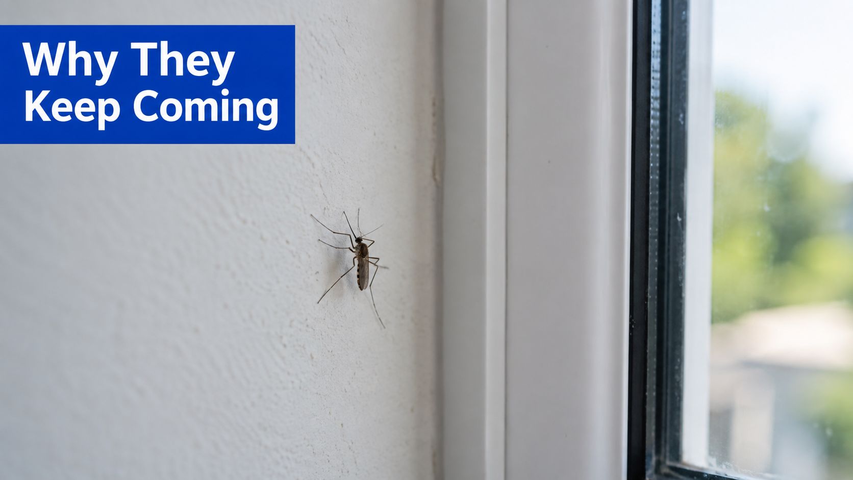 A close-up of a mosquito resting on a white indoor wall next to a window pane.