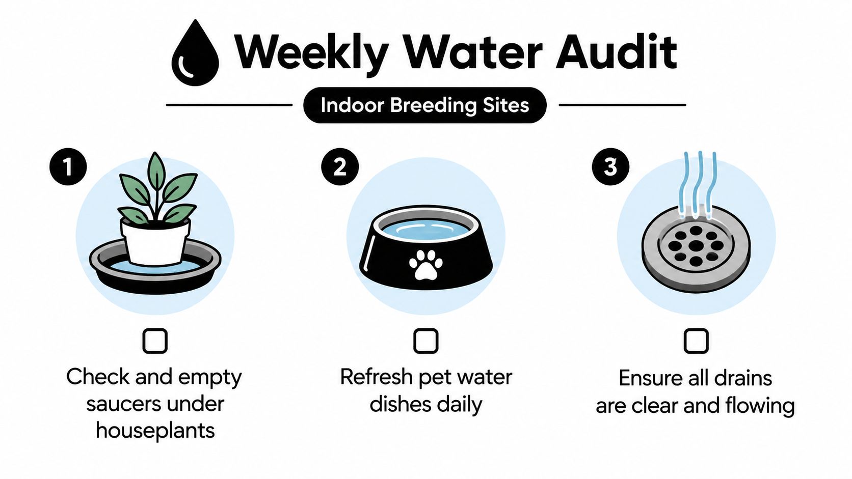 A weekly water audit infographic showing three indoor areas to check for mosquito breeding sites.