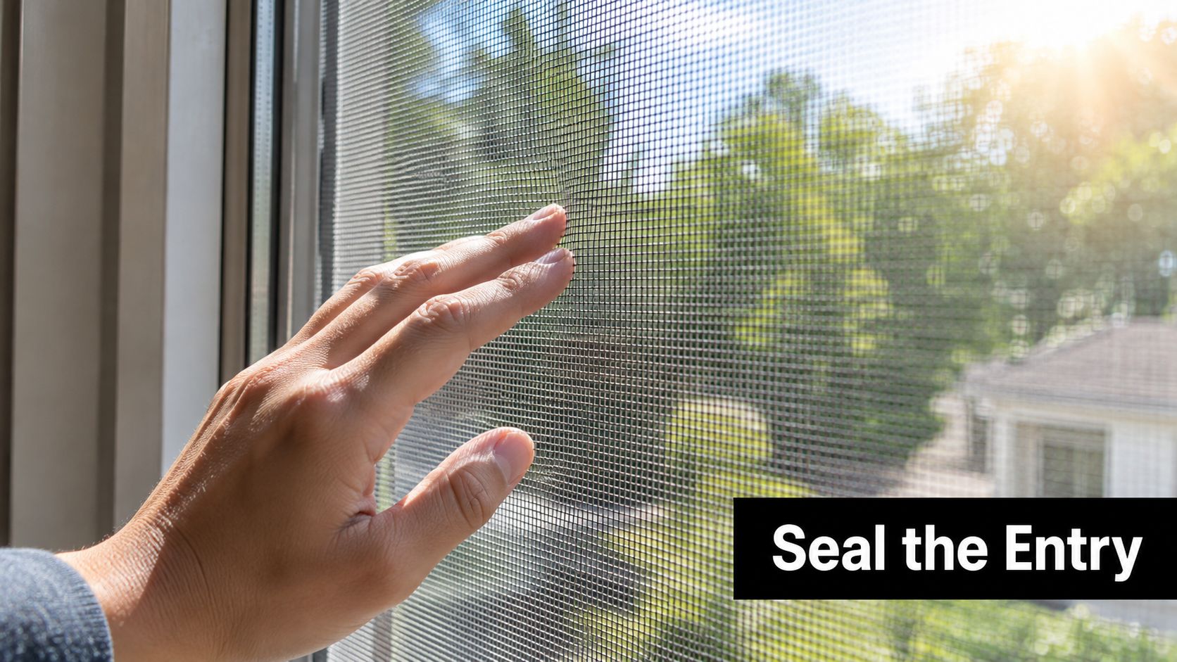 A person touching a window screen to check for gaps in home mosquito protection and sealing.