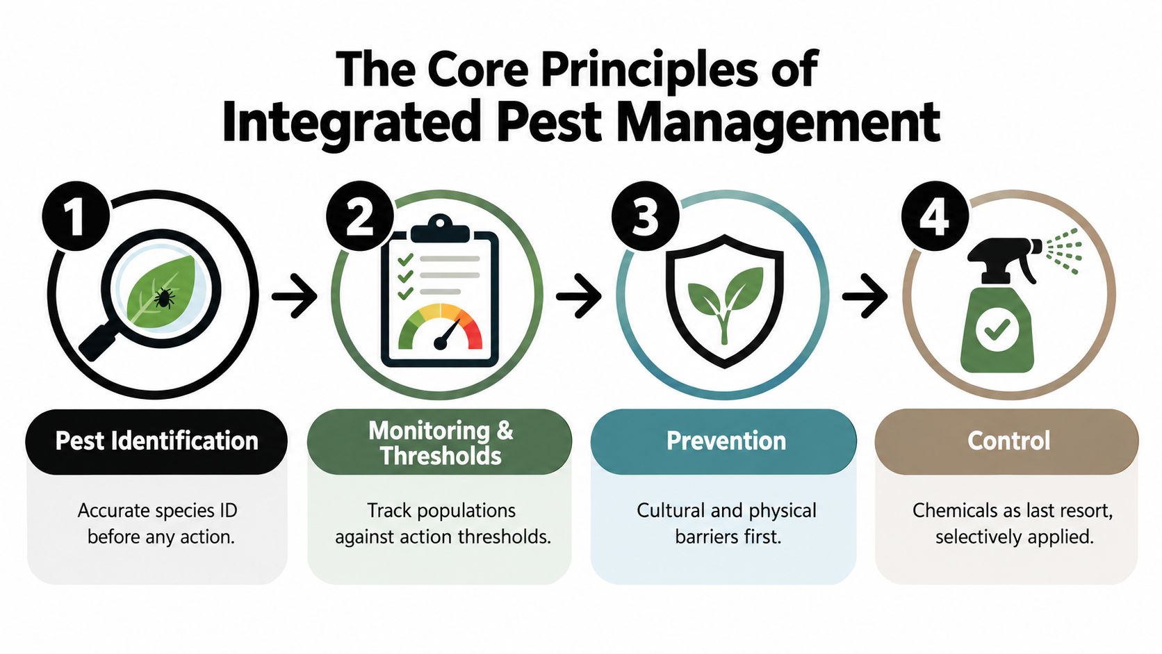 A four-step infographic illustrating the core principles of Integrated Pest Management through identification, monitoring, prevention, and control.