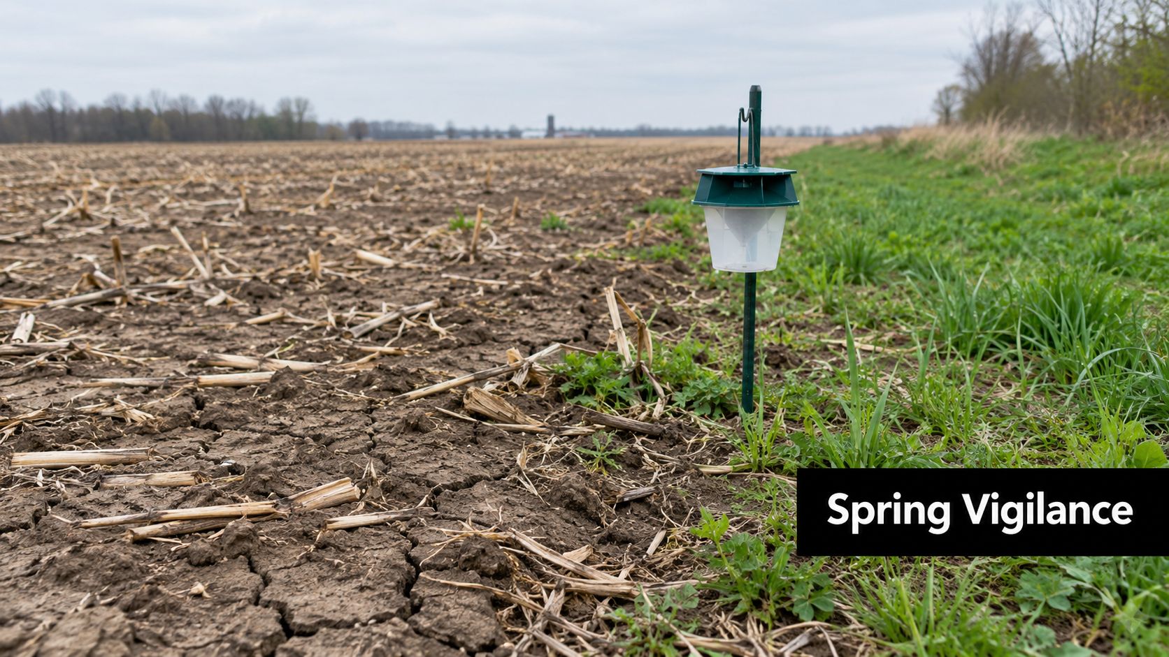 A pest monitoring trap installed in a field to support integrated pest management practices during spring.