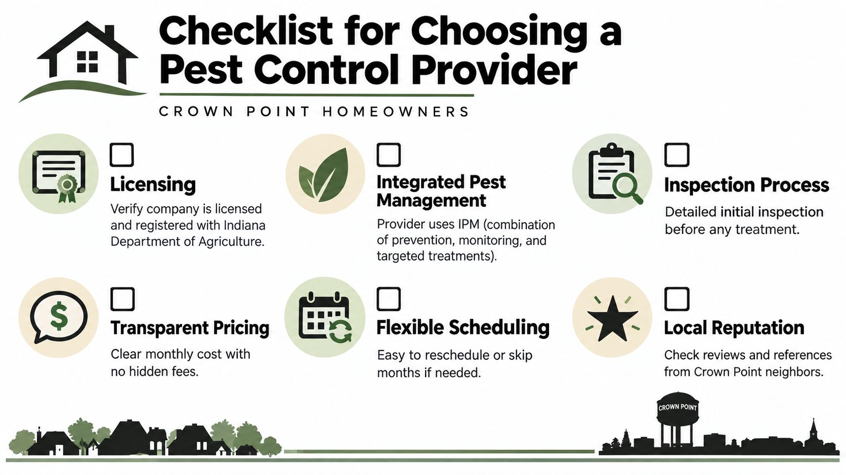 A checklist for Crown Point homeowners to follow when choosing a reliable professional pest control provider.