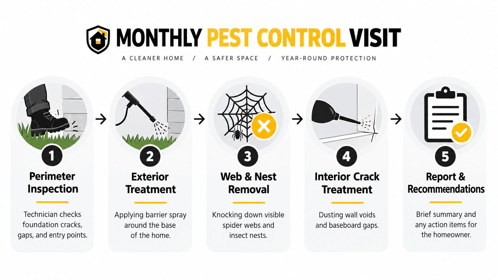 An infographic showing the five steps of a monthly residential pest control service procedure.