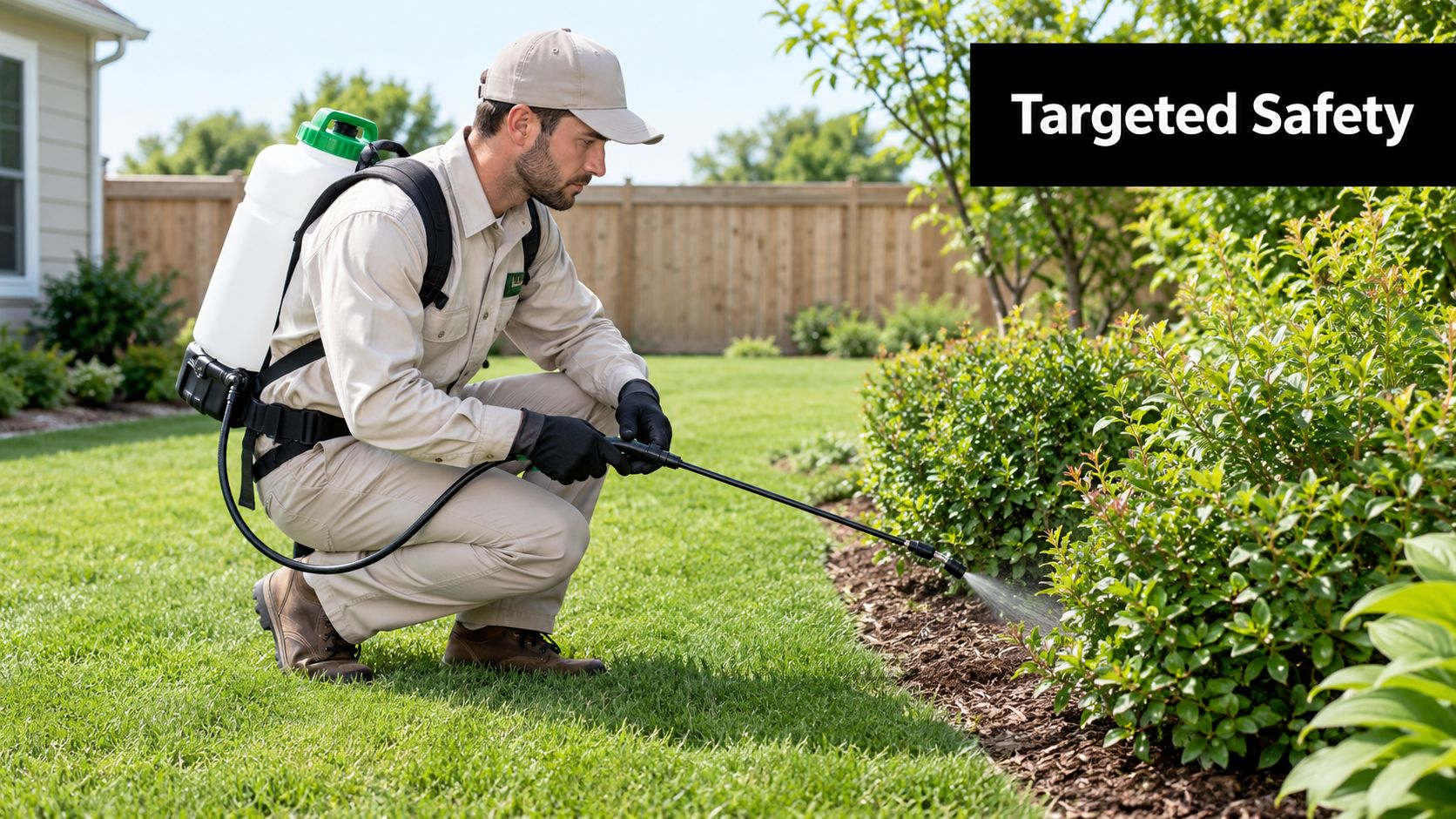 A professional technician wearing protective gear sprays pesticides on garden shrubs for effective mosquito control.