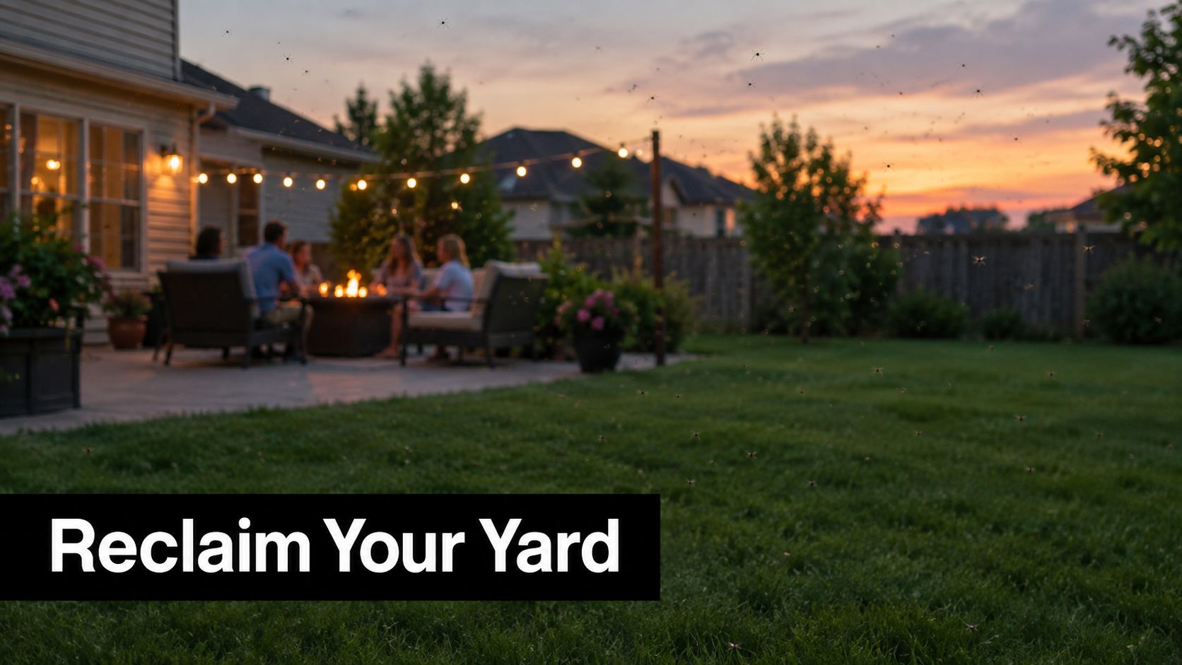 A group of friends enjoys a relaxing evening on a patio as mosquitoes swarm above the grass.