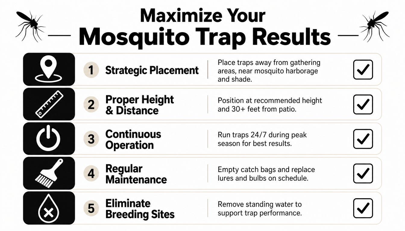 An infographic showing five tips for maximizing mosquito trap results including placement, height, operation, maintenance, and prevention.