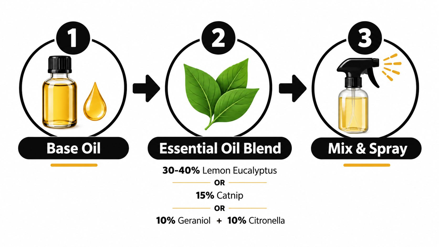 A three-step infographic showing how to mix base oil and essential oils to create natural mosquito repellent.